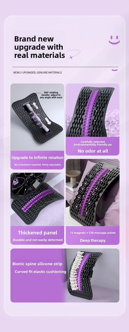 A promotional infographic for a purple and black bionic spine silicone massage strip, showing four panels with close-ups of the textured purple-and-black strip, a silver syringe applicator, and text callouts about infinite rotation, odor-free design, thickerened panel, and bionic spine silicone strip.