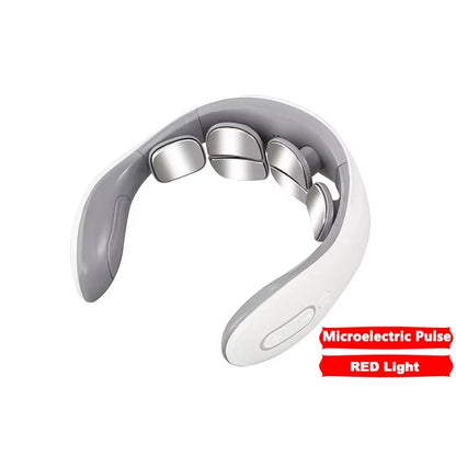 Neck massager with red light and microelectric pulse text on a white background