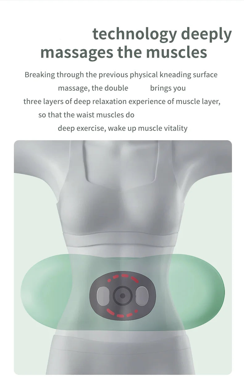 Massage device with text describing its features on a light green background