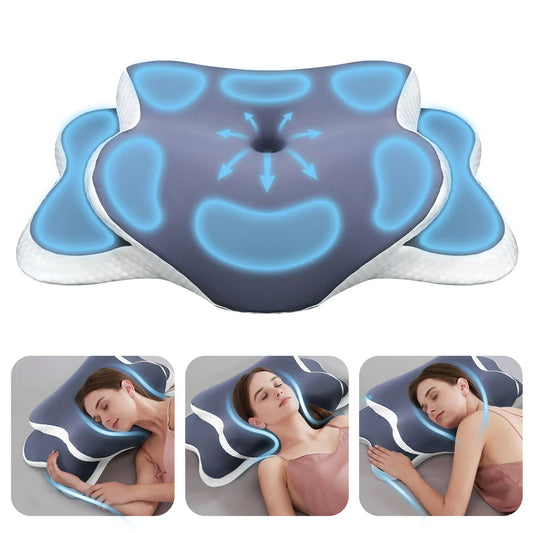Cervical pillow with blue pressure points and images of people using it.