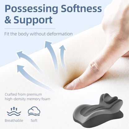 Gray memory foam product with a hand pressing into it, labeled 'Possessing Softness & Support'.