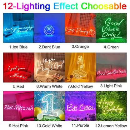 Neon signs with various colors and messages, each labeled with a number.