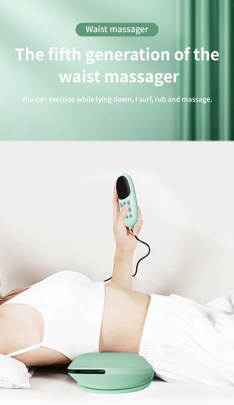 Waist massager being used on a person lying down with text about its features.
