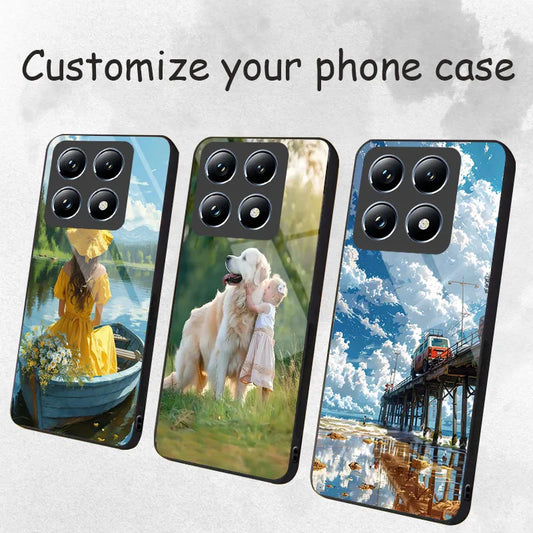 Three phone case designs featuring a girl in a yellow dress, a dog and child with a white dog, and a train on a bridge.