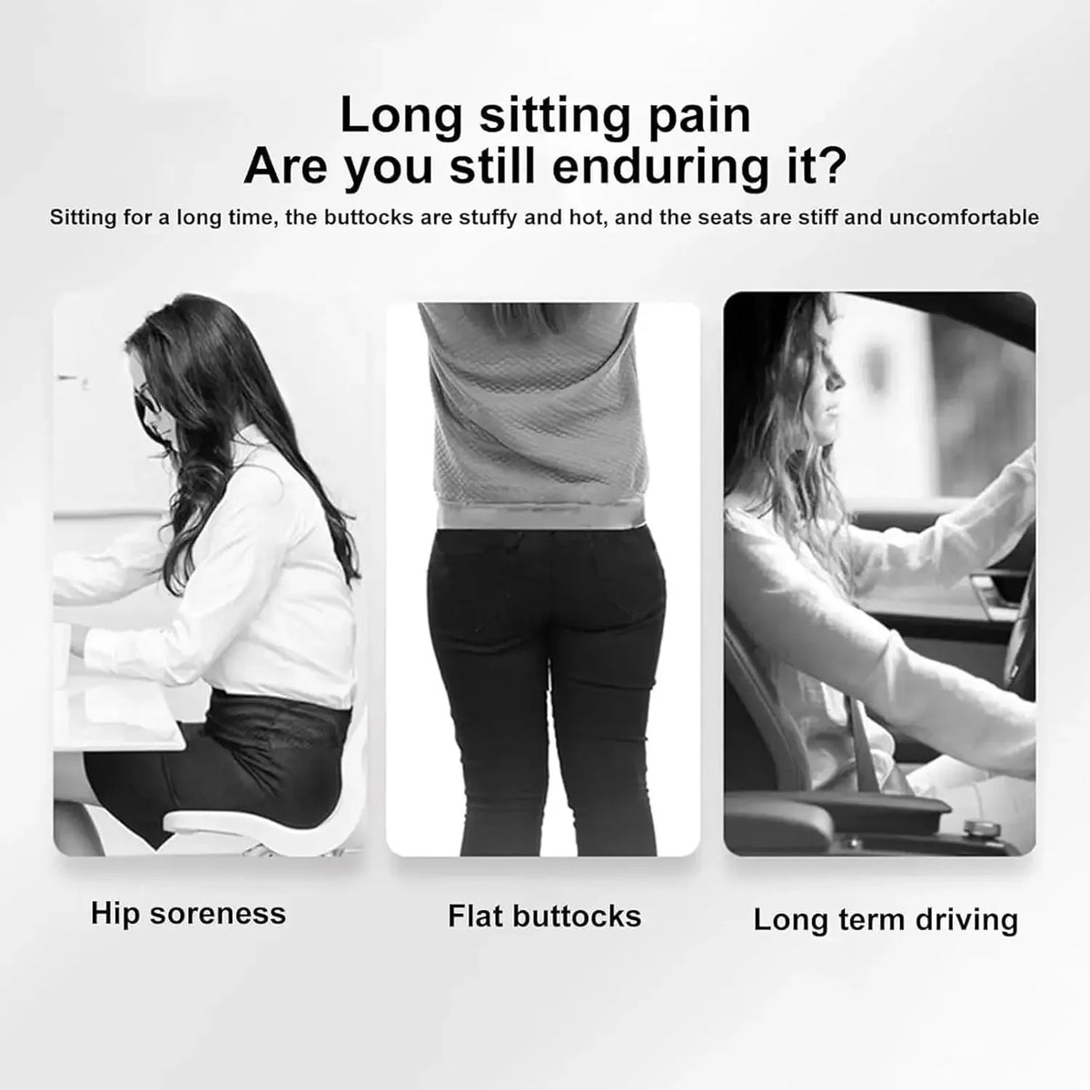 Three images showing people experiencing discomfort from long sitting, with text questioning if they are still enduring it.