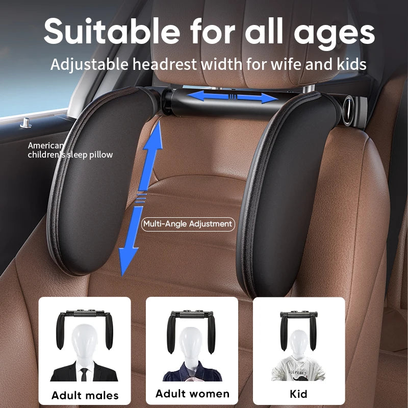 Car headrest with adjustable width for different age groups on a car interior background.