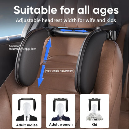 Car headrest with adjustable width for different age groups on a car interior background.