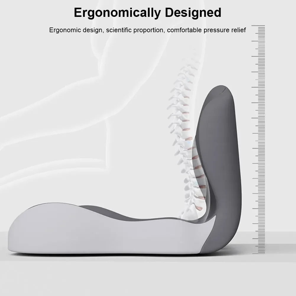Ergonomic chair with text highlighting its design features on a white background