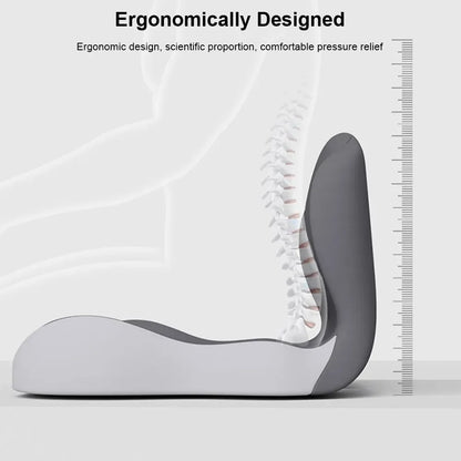 Ergonomic chair with text highlighting its design features on a white background