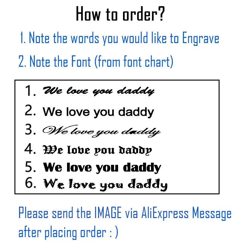 Instructions for engraving text on a product with examples of 'We love you daddy' in different fonts.