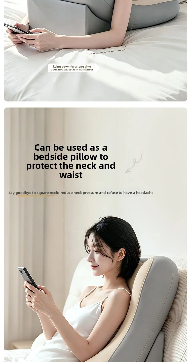 A two-panel marketing image showing a woman using a gray and beige supportive bedside pillow on a bed, with text explaining that it can be used to protect the neck and waist.
