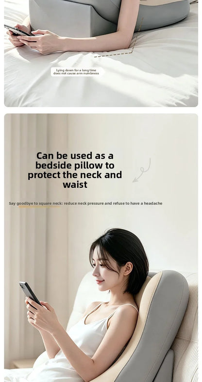 A two-panel marketing image showing a woman using a gray and beige supportive bedside pillow on a bed, with text explaining that it can be used to protect the neck and waist.