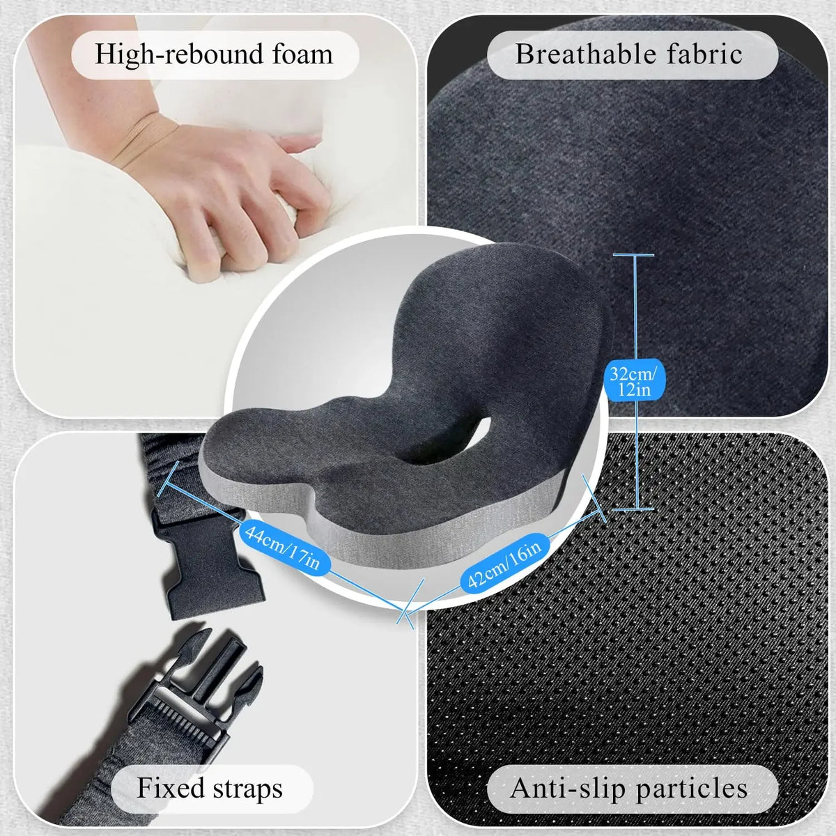 Collage of a neck pillow with features labeled on a white background