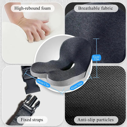 Collage of a neck pillow with features labeled on a white background