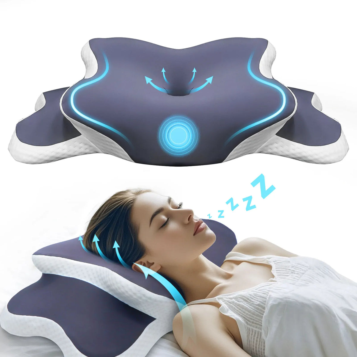 Neck pillow with blue lights and a person using it on a white background