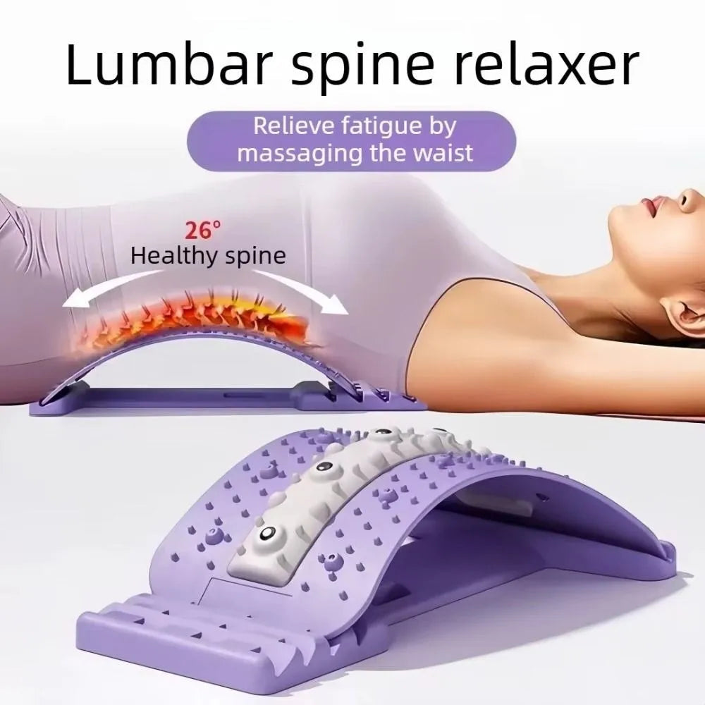 Lumbar spine relaxer device with a person lying down, showing healthy spine and relieving fatigue.