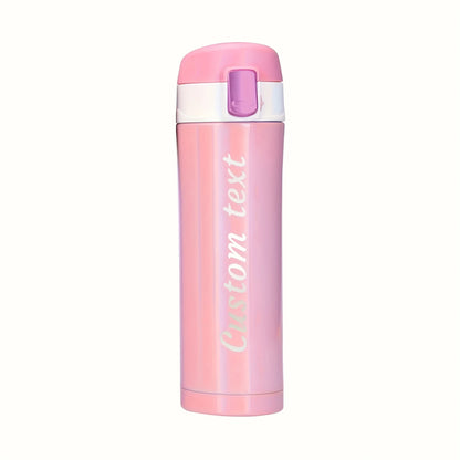 Pink thermos with customizable text on a white background