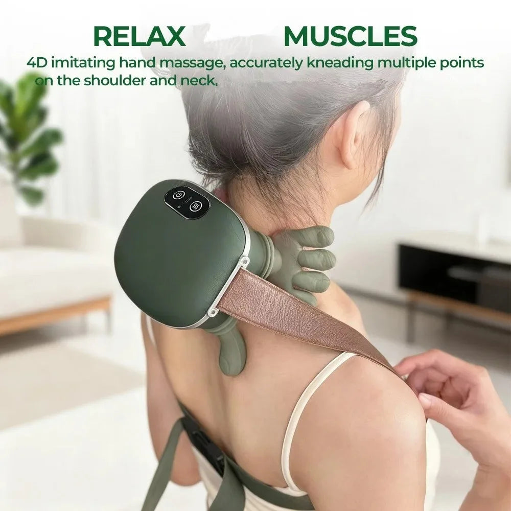 Person using a green handheld massager on their shoulder with text indicating it relaxes muscles.