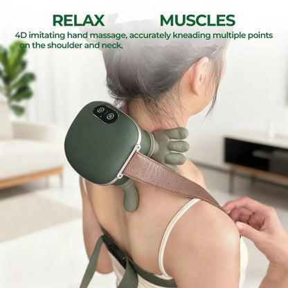 Person using a green handheld massager on their shoulder with text indicating it relaxes muscles.