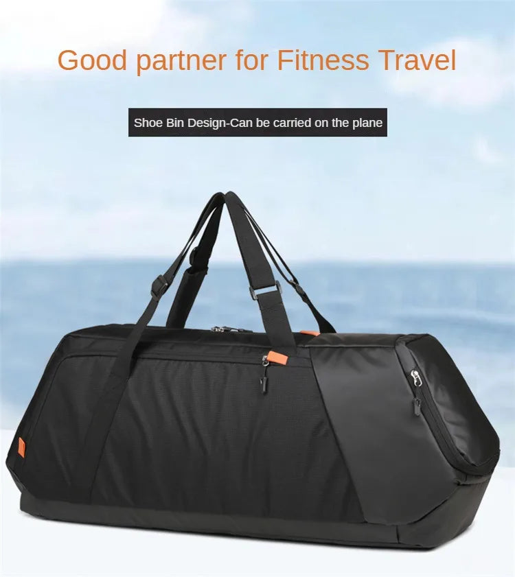 A black duffel bag with dual shoulder straps and a zippered shoe bin, shown against a light blue sky and sea background with promotional text overlays.
