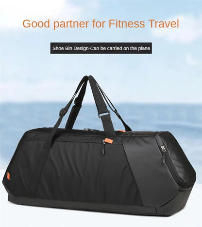 A black duffel bag with dual shoulder straps and a zippered shoe bin, shown against a light blue sky and sea background with promotional text overlays.
