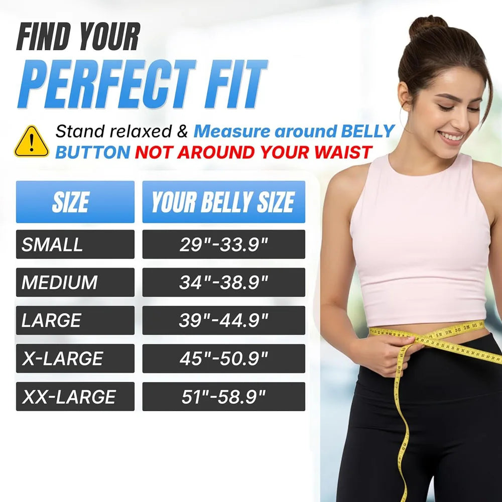 Promotional graphic for belly measurement guide showing a woman in a pink top and black pants measuring her waist with a yellow tape, alongside a size chart listing small, medium, large, X-large, and XX-large belly size ranges.