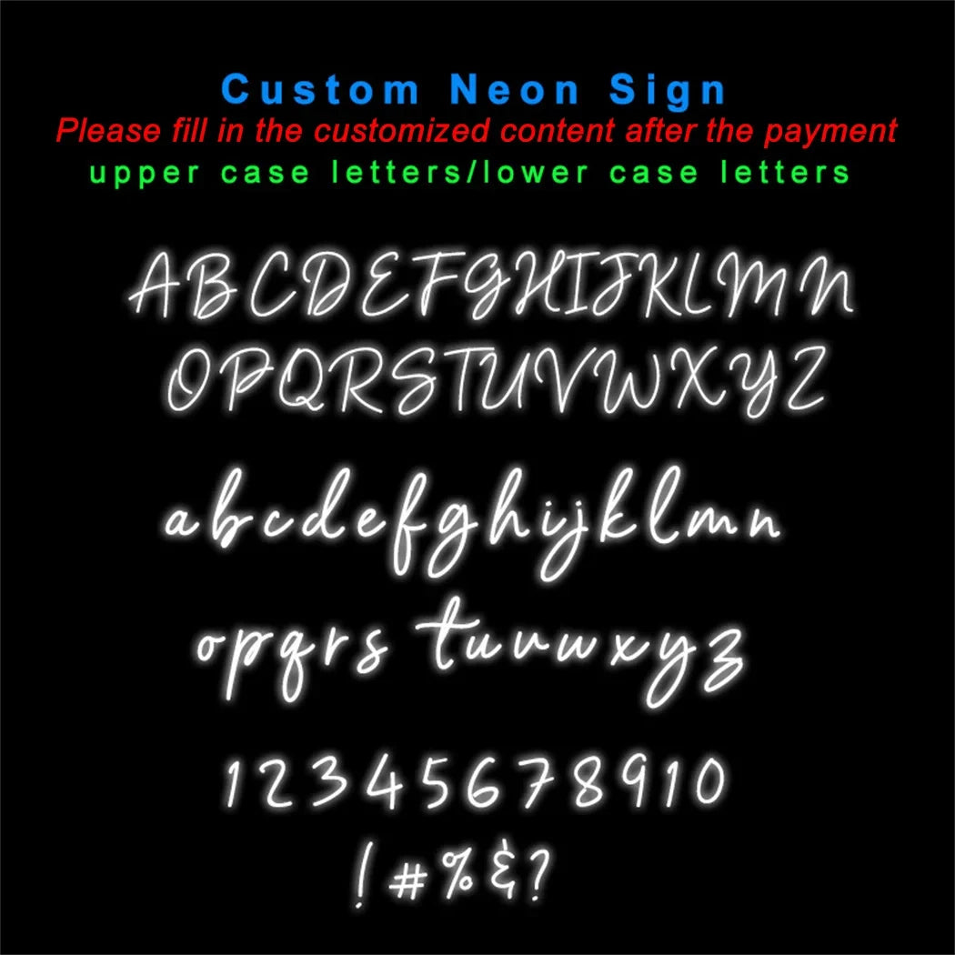 Neon sign with customizable text on a black background