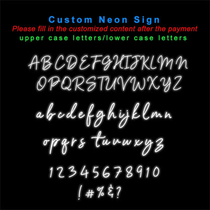 Neon sign with customizable text on a black background