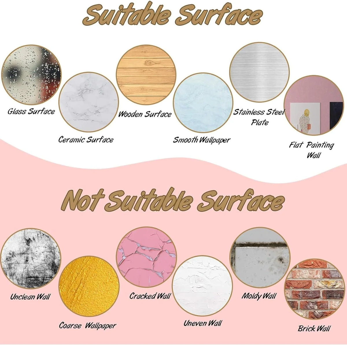 A surface suitability chart for a wall decal or wallpaper product, showing both suitable and not suitable surfaces. The top half, labeled 'Suitable Surface' on a white background, displays circular images of glass, ceramic, wooden, smooth wallpaper, and flat painting walls.