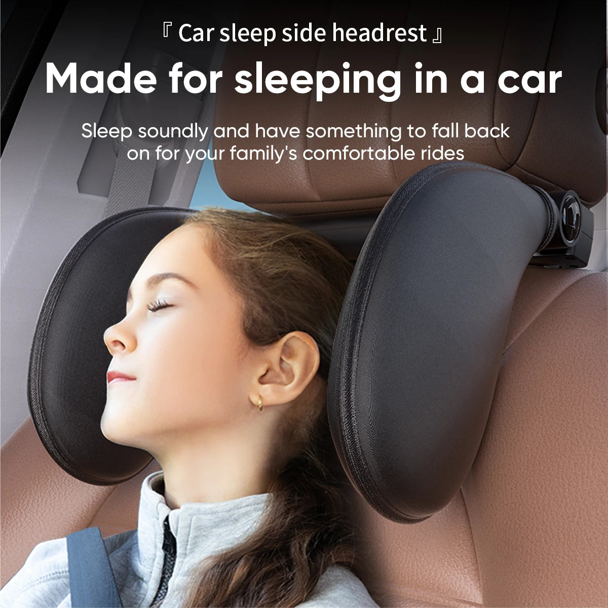 Car sleep side headrest with a child sleeping in a car seat