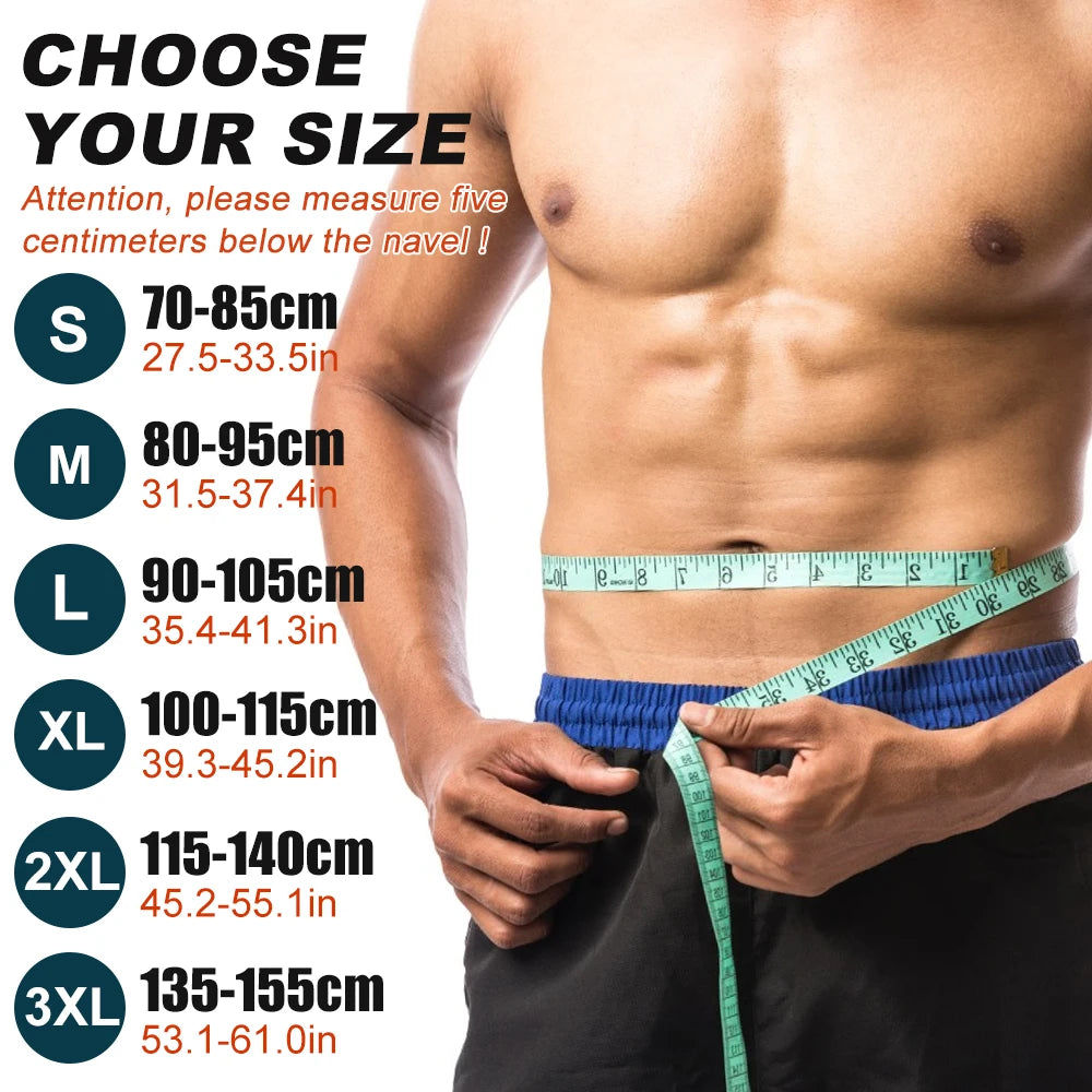 Measurement chart for men's underwear size with a person measuring waist size.