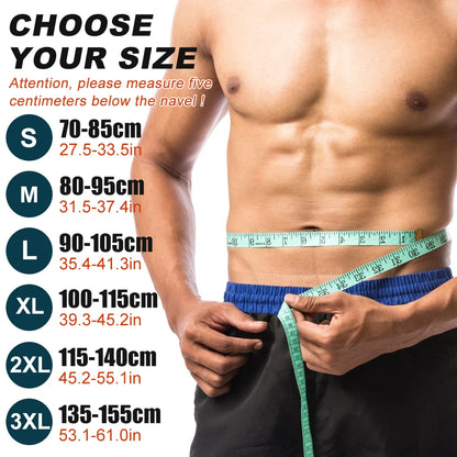 Measurement chart for men's underwear size with a person measuring waist size.