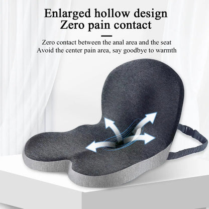 Gray cushion with text explaining its design and benefits on a white background