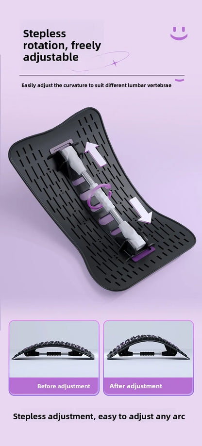 An adjustable lumbar support cushion shown on a light lavender background with marketing text and before/after adjustment insets. The product is a contoured black insert with a white and purple roller mechanism, and the image explains how the stepless rotation and curvature can be adjusted.