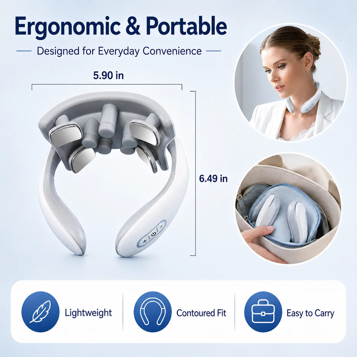 Neck massager with dimensions and features on a light blue background