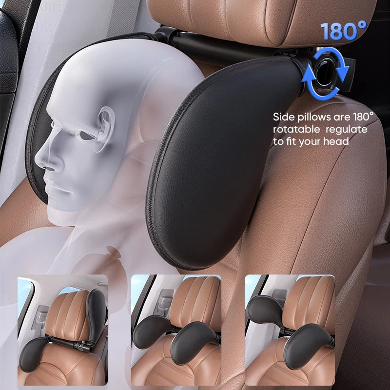 Car seat with adjustable side pillows shown on a mannequin, highlighting 180-degree rotation feature.