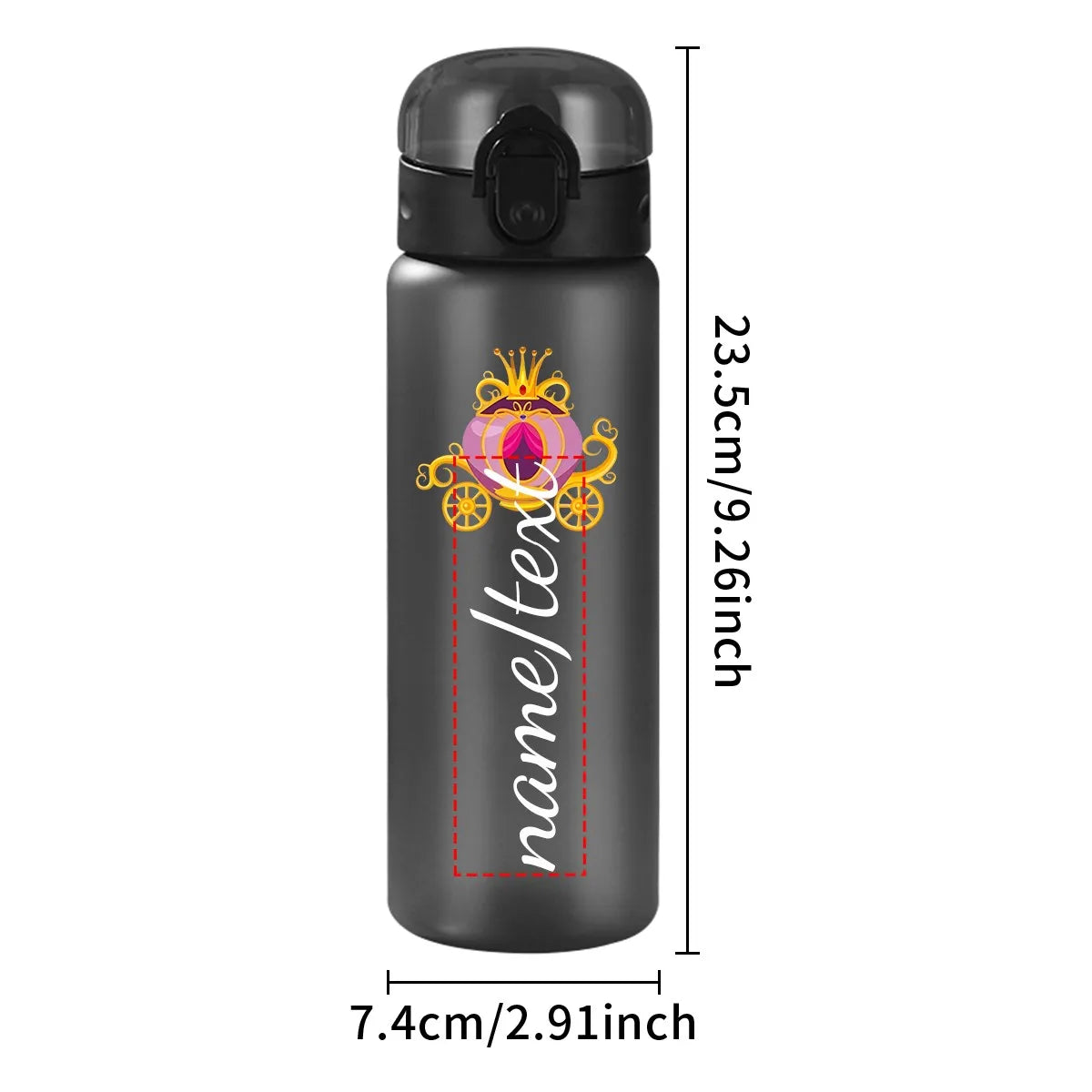 Black water bottle with decorative design and text, shown with dimensions on a white background