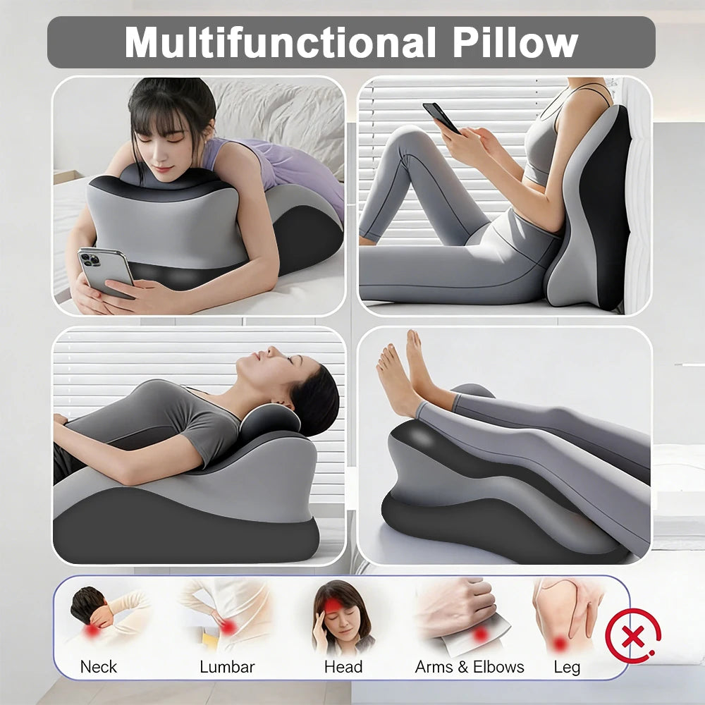 Multifunctional pillow being used in various positions with text indicating its benefits.