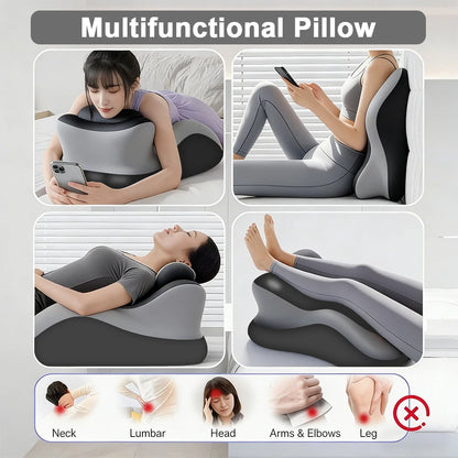 Multifunctional pillow being used in various positions with text indicating its benefits.