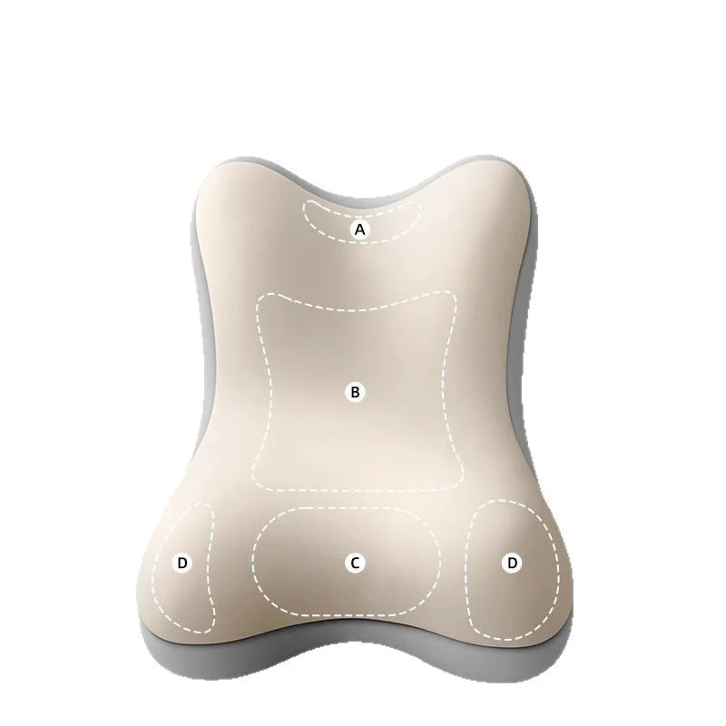 A contoured lumbar support pillow in beige with gray side borders, featuring white dashed outlines and lettered labels A, B, C, and D indicating pressure zones, on a plain white background.