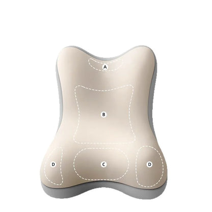 A contoured lumbar support pillow in beige with gray side borders, featuring white dashed outlines and lettered labels A, B, C, and D indicating pressure zones, on a plain white background.