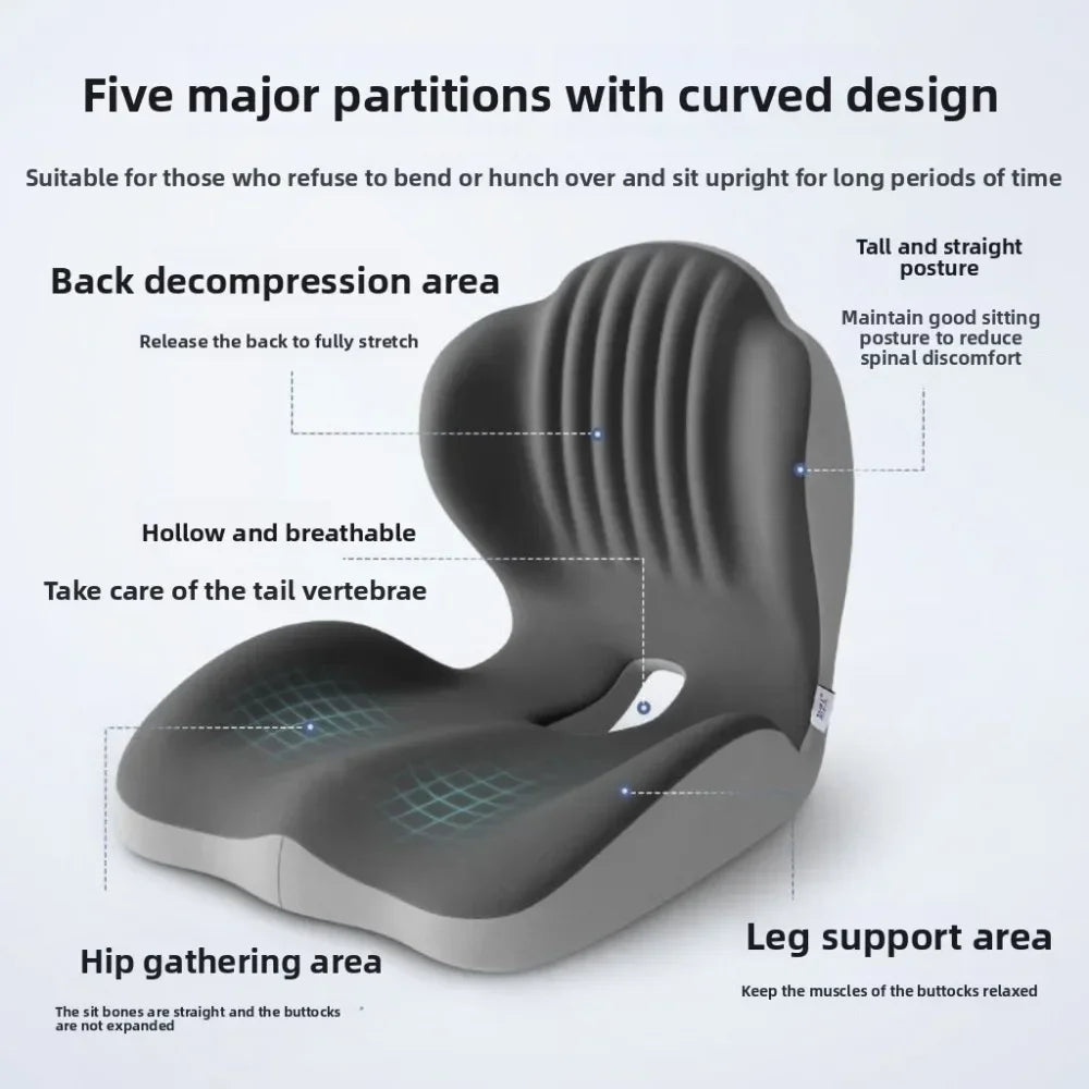 Gray ergonomic chair with labeled parts on a white background