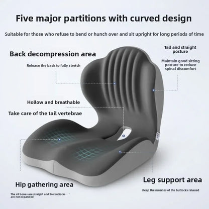 Gray ergonomic chair with labeled parts on a white background