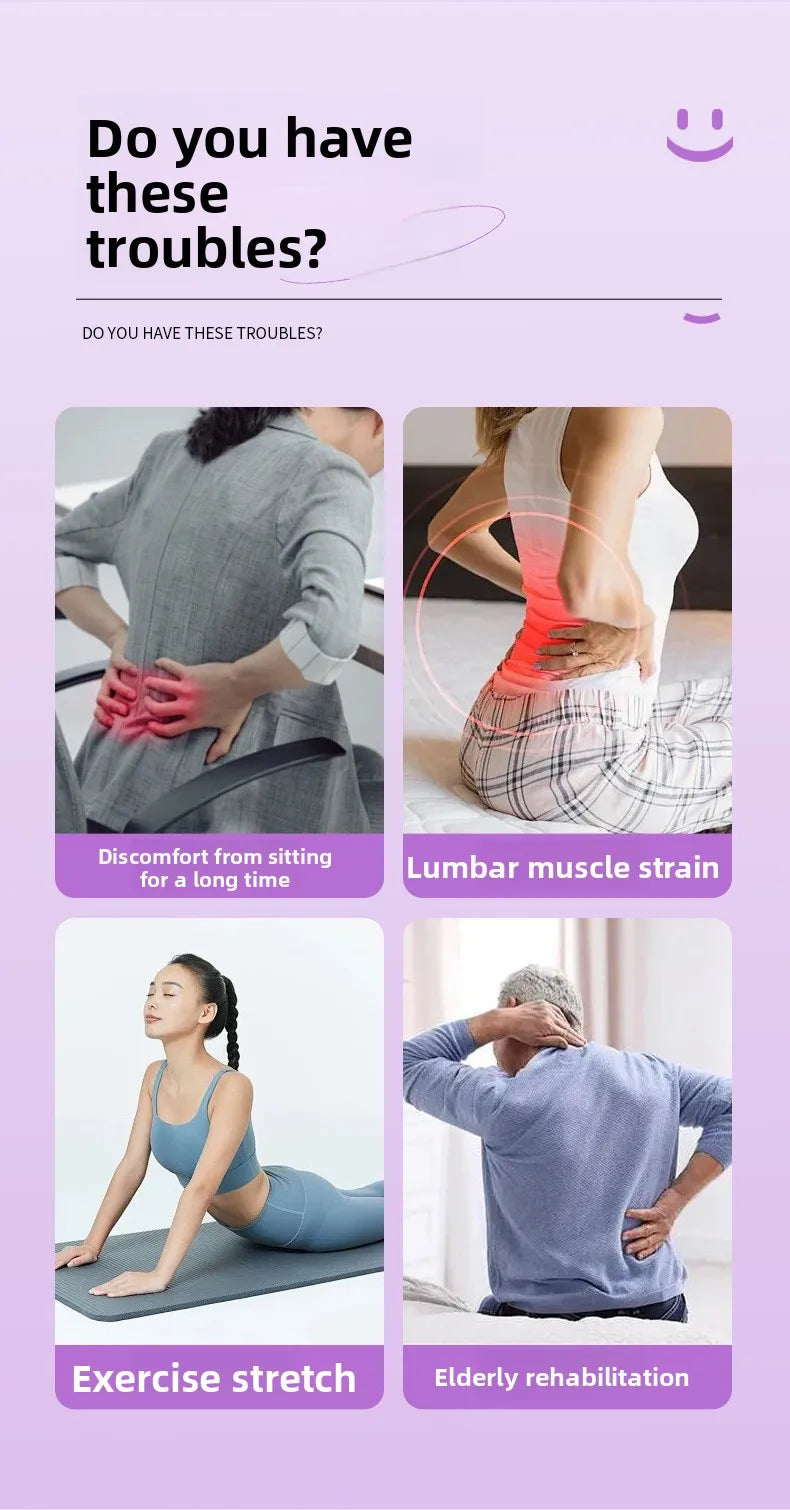 Promotional graphic for a health and wellness app or service with images of people experiencing discomfort and text about common troubles.