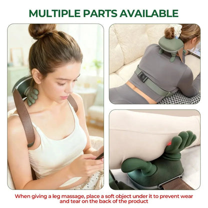 Woman using a neck and back massager with additional views of its use.