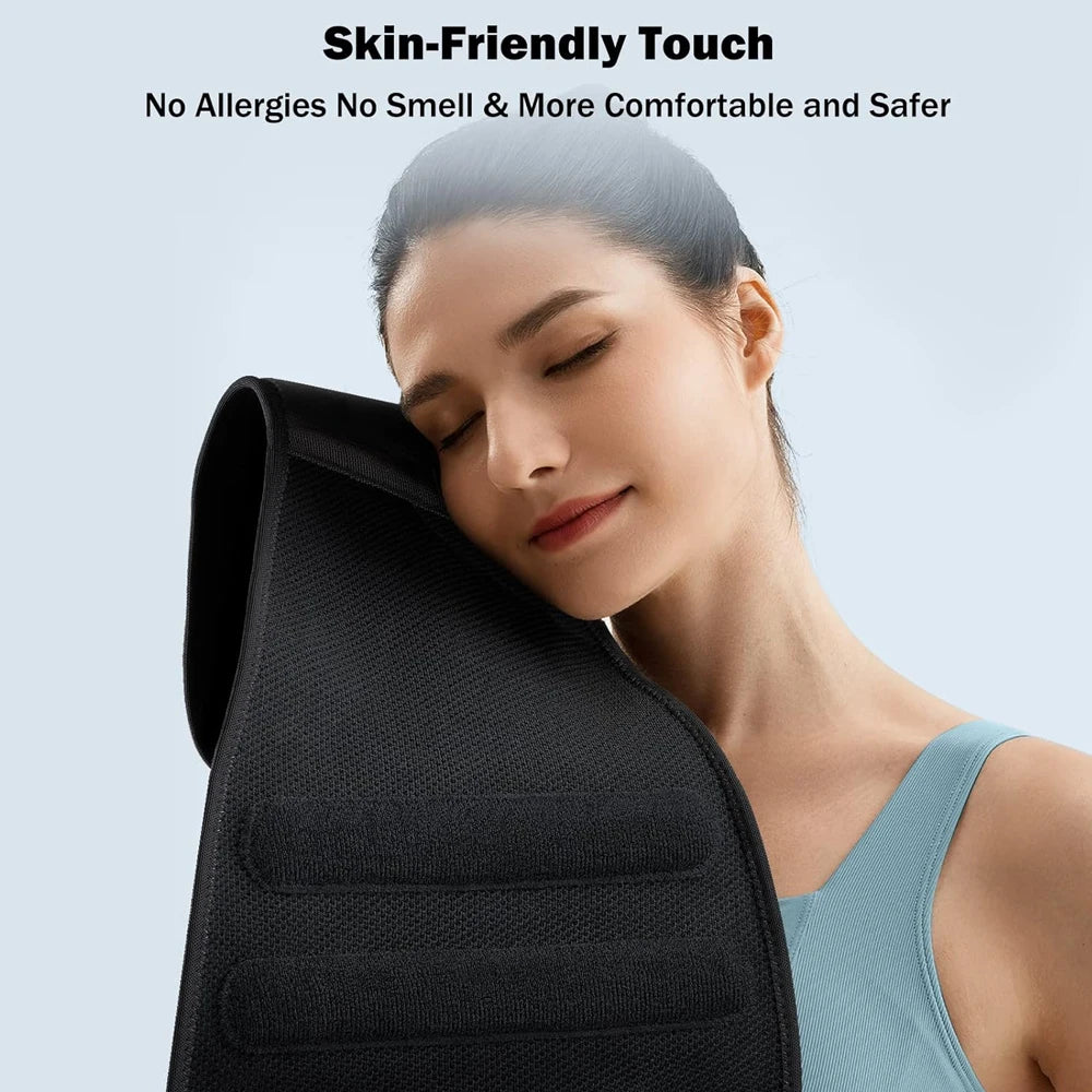 Woman using a black shoulder pillow with text highlighting its benefits on a light blue background