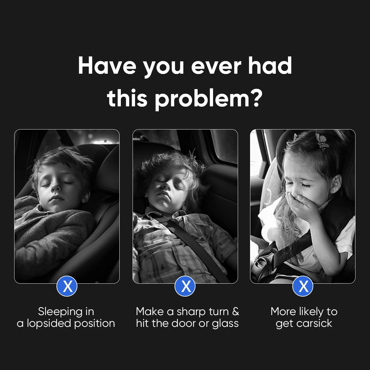 Three children in car seats with text about car travel issues on a black background
