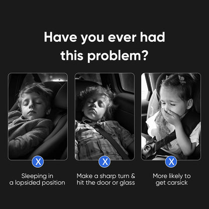 Three children in car seats with text about car travel issues on a black background