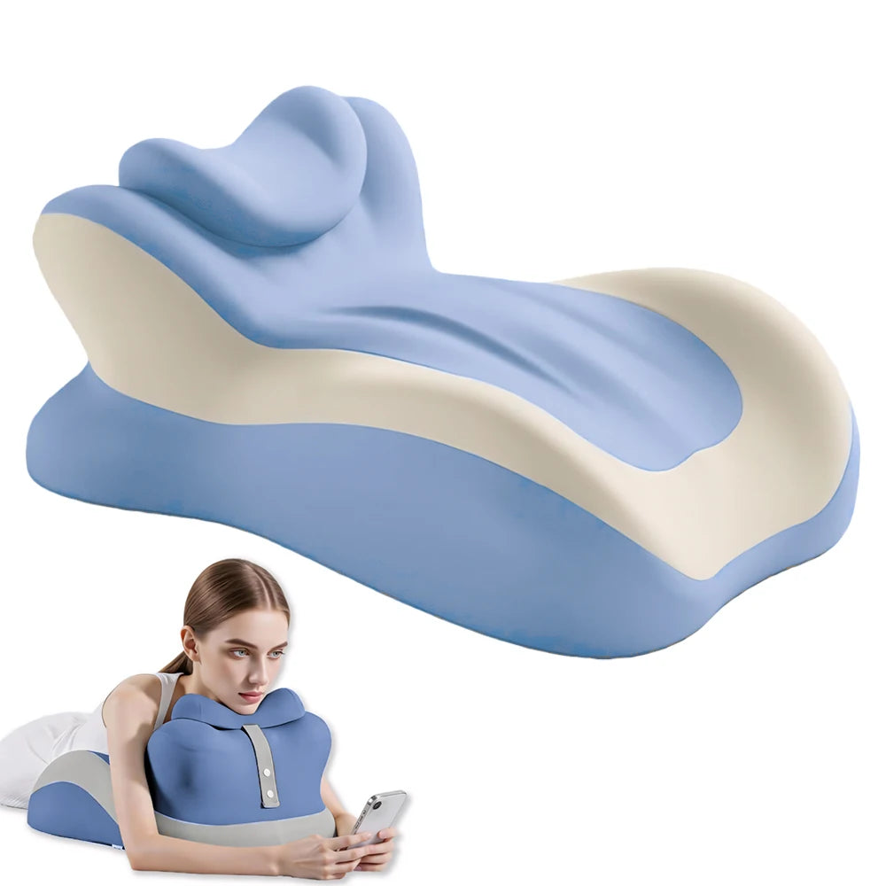 Blue and beige neck pillow with a woman using a phone on a white background