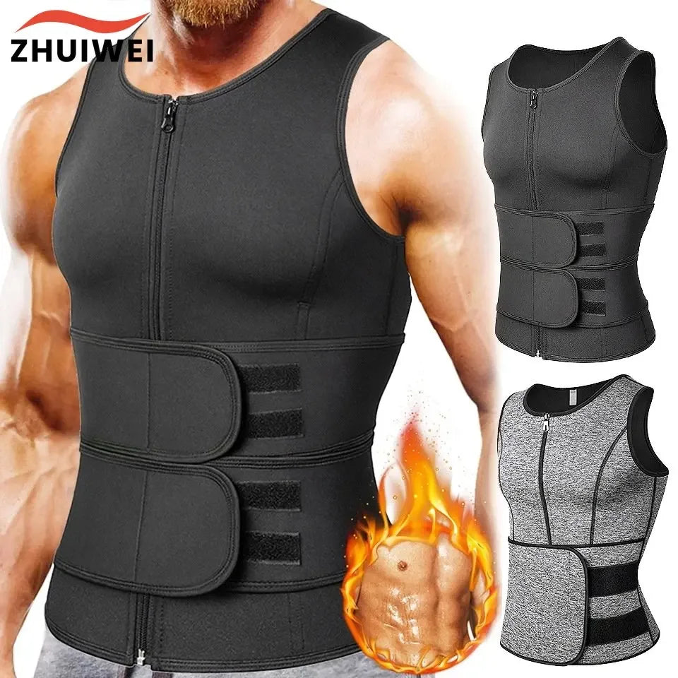 Black waist training vest with flame graphic on a muscular person, featuring the brand 'ZHUIWEI'.